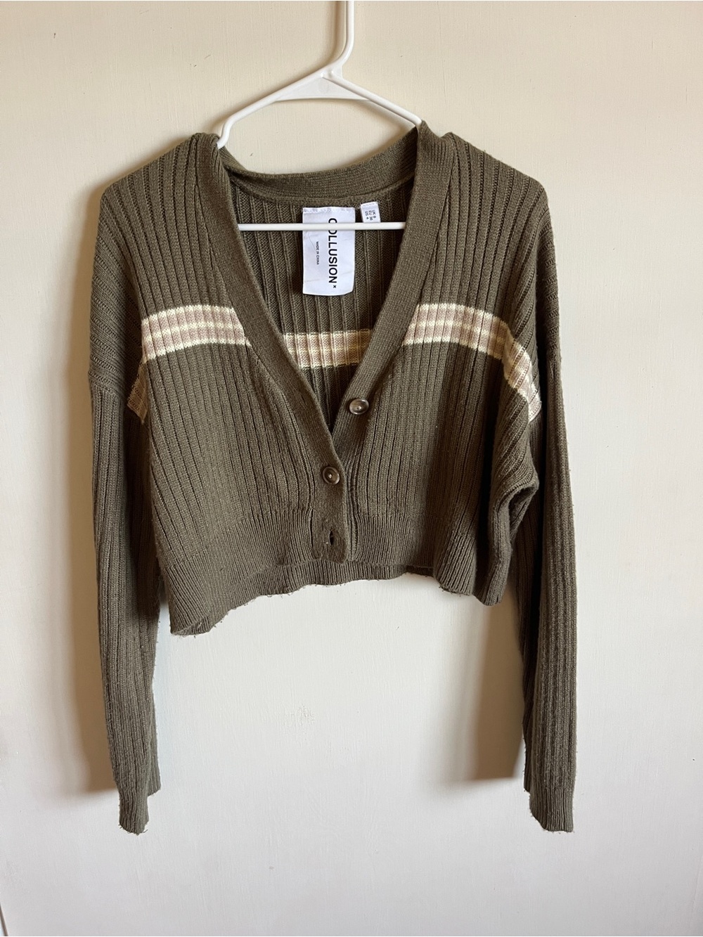 Collusion Olive Green Cropped Ribbed V-Neck Sweater with Stripe